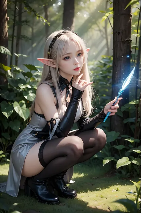 １girl.Elven girl is crouching with a large magic wand,beautiful as a fairy,Intelligent atmosphere look,stright long hair,silber hair,Elf long ears,Red Eyes,Slender and petite,tre anatomically correct,Accurate depiction finger,Scandinavian Mini Dresses,Blac...