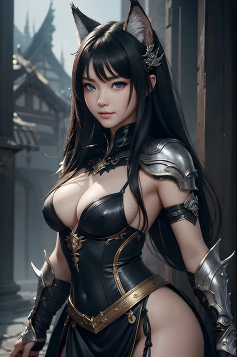 8K,very small breasts,Close-up of a woman in a black and white dress、Dark hair、Werewolf with very small breasts,Super beauty,(Lifelike)Blue eyes,,assassin,Chengwei Pan on Artstation、 Yang J 作、 Intricate fantasy art、Stunning character art、 Fanart Meilleure ...