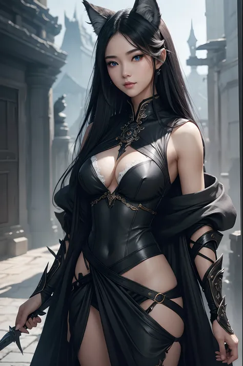 8K,very small breasts,Close-up of a woman in a black and white dress、Dark hair、Werewolf with very small breasts,Super beauty,(Lifelike)Blue eyes,,assassin,Chengwei Pan on Artstation、 Yang J 作、 Intricate fantasy art、Stunning character art、 Fanart Meilleure ...