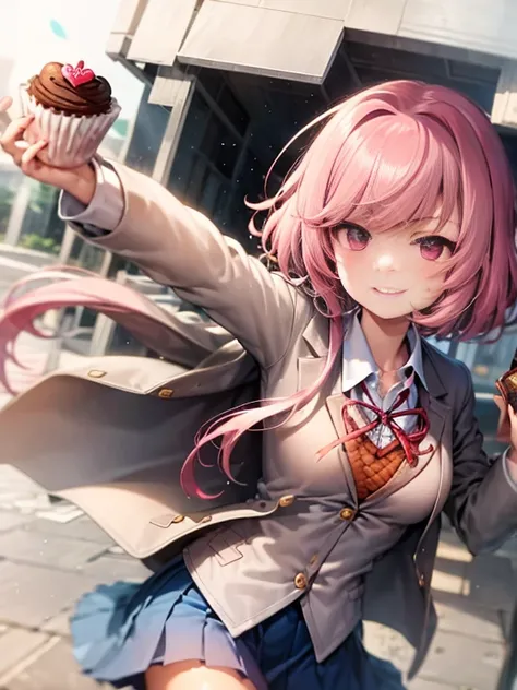 Natsuki, school uniform, pink hair, pink eyes, Cupcake in his hands, smiling,