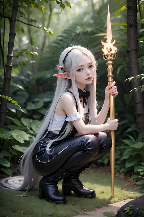 １girl.An elven girl is crouching with a large magic wand,beautiful as a fairy,The appearance of an intellectual atmosphere,stright long hair,silber hair,Elf long ears,Red Eyes,Slender and petite,tre anatomically correct,Accurate Depiction Fingers,Scandinav...