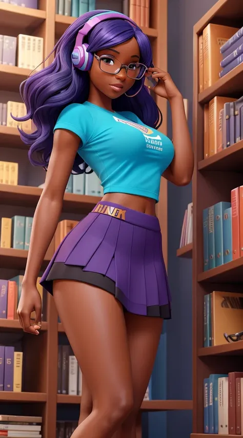 The sexy dark-skinned nerdy girl has a slender body with large proportionate breasts, a perky butt, toned legs and a confident posture. Her colorful hair is a vibrant mix of blue and purple, standing out in loose curls. The eyes express curiosity with a de...