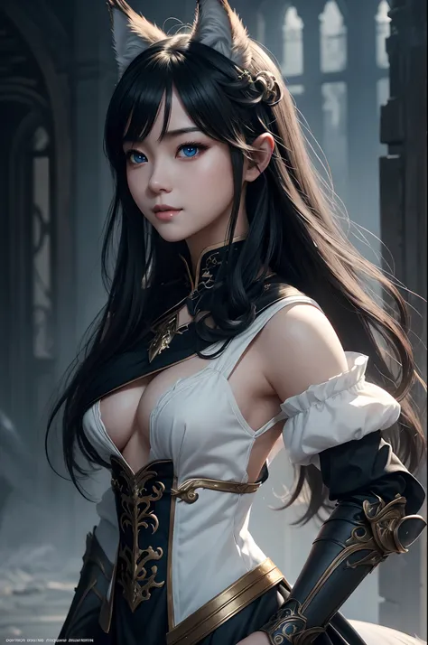 8K,Close-up of a woman in a white and black dress with very small breasts、Dark hair、Werewolf with small breasts of a little girl,Super beauty,(Lifelike)Blue eyes,,assassin,Chengwei Pan on Artstation、 Yang J 作、 Intricate fantasy art、Stunning character art、 ...