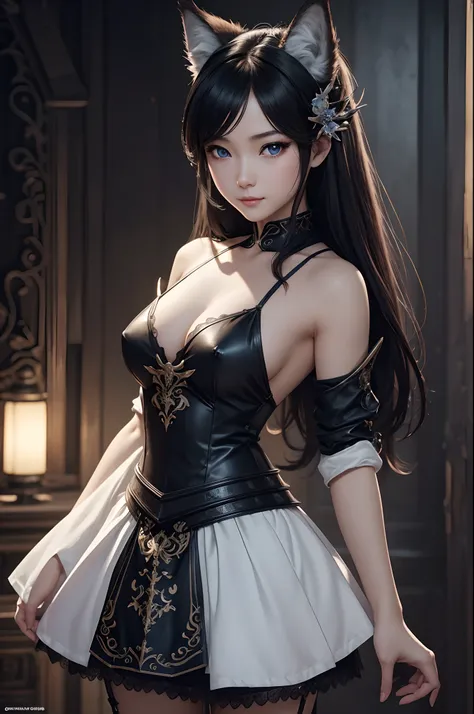 8K,Close-up of a woman in a white and black dress with very small breasts、Dark hair、Werewolf with small breasts of a little girl,Super beauty,(Lifelike)Blue eyes,,assassin,Chengwei Pan on Artstation、 Yang J 作、 Intricate fantasy art、Stunning character art、 ...