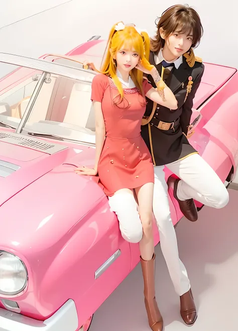 Riding in the body of a pink car、Embarrassed look、A commemorative photo of two very happy people、(Truly everything is real and realistic、It seems that there are real people there：1.5)、Girls are well-styled、She is wearing a light pink dress、legs are long、Ex...