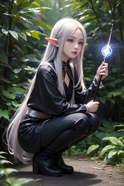 １girl.an elven girl is crouching with a large magic wand,beautiful as a fairy,the appearance of an intellectual atmosphere,strig...