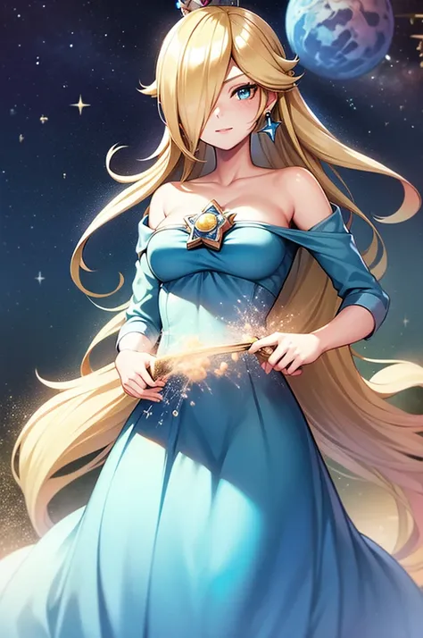 masterpiece, best quality, rosalina, 1girl, solo, blue dress, crown, blonde hair, stunning blue eyes, light freckles, perfect face, floating in space, starry sky, nebulas, shooting stars, planets, slight smile, blush, Lovecraftian atmosphere