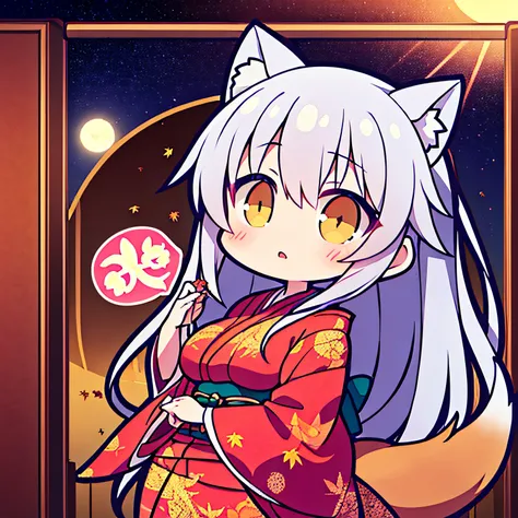 tchibi, nendoroid, ((worst quality, low-quality)), ((🦊Eared girl)), Solo, Big breasts, ((Long silver hair)), plump shiny lips, Beautiful clear eyes, (Golden Eyes, kirakira), Spoken Heart, ((Japanese shrine maiden, Intricate and majestic beautiful pattern))...