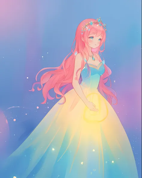 beautiful girl in sparkling gradient ballgown, long wavy peach pink hair, vibrant pastel colors, (colorful), colorful watercolor background, ethereal, magical lights, sparkling liquid light, inspired by Glen Keane, inspired by Lois van Baarle, disney art s...