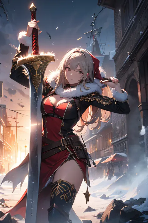 (best quality,HD,highres:1.2),detailed woman in Christmas costume,carrying a large axe on her back,wielding a massive sword,mmorpg style,fantasy,ultra-detailed weapons