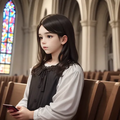 Boy in black blouse with cell phone in hand in church and with Jesus behind