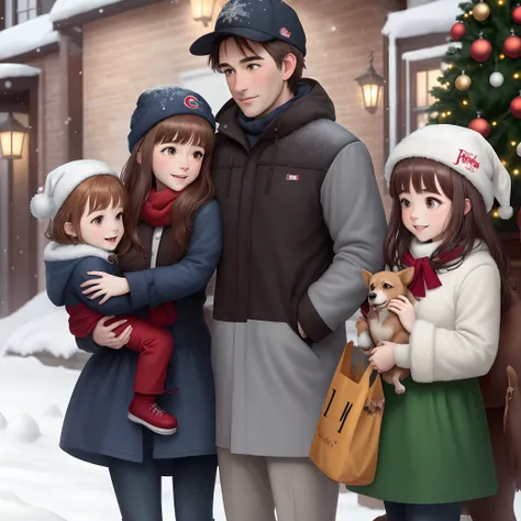 A Christmas scene, Christmas tree, snowing outside, a mom with brown hair and bangs, a dad with gray hair and a Cubs hat, a tall daughter with long brown hair, a medium son with brown hair, a small son with brown hair, a medium black dog, Pixar style