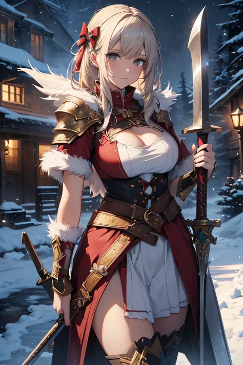 (best quality,HD,highres:1.2),detailed woman in Christmas costume,carrying a large axe on her back,wielding a massive sword,mmorpg style,fantasy,ultra-detailed weapons