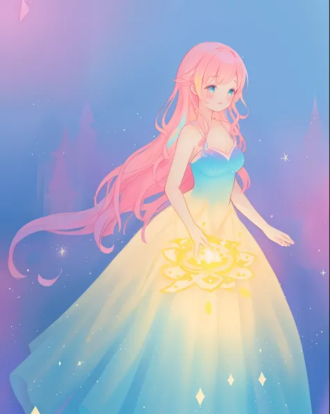 beautiful girl in sparkling gradient ballgown, long wavy peach pink hair, vibrant pastel colors, (colorful), colorful watercolor background, ethereal, magical lights, sparkling liquid light, inspired by Glen Keane, inspired by Lois van Baarle, disney art s...