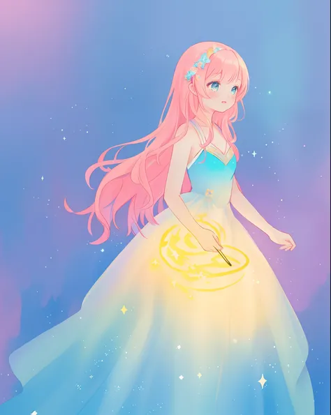 beautiful girl in sparkling gradient ballgown, long wavy peach pink hair, vibrant pastel colors, (colorful), colorful watercolor background, ethereal, magical lights, sparkling liquid light, inspired by Glen Keane, inspired by Lois van Baarle, disney art s...