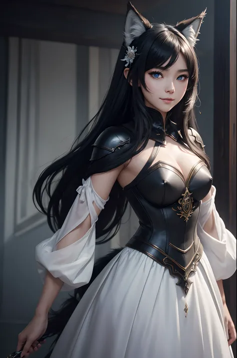 8K,Close-up of a woman in a white and black dress with very small breasts、Dark hair、Werewolf with small breasts of a little girl,Super beauty,(Lifelike)Blue eyes,,assassin,Chengwei Pan on Artstation、 Yang J 作、 Intricate fantasy art、Stunning character art、 ...