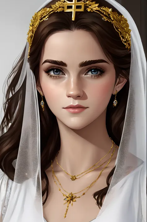 A closeup of a woman wearing a white veil and a gold necklace, majestosa mulher de santo, unreal engine render + uma deusa, Virgem Maria, Karol Bak de Emma Watson Freira, cinematic goddess close shot, Mulher judia bonita, retrato muito bonito, deusa bonita...