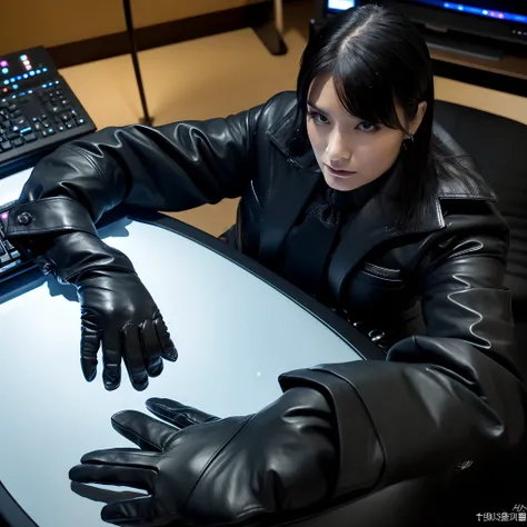 Wearing black leather gloves on both hands, Upper body, Black business suit, Facing the desk in my room with a computer in the dark, Tapping the keys on the computer keyboard with the fingertips of black leather gloves while looking at the screen, Black ha...