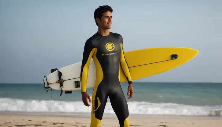 RAW, Masterpiece, Super Fine Photo, Ultra High Resolution, Photorealistic, Sunlight, Full Body Portrait, latino hispanic young man wearing a full body, black and yellow wetsuit, slight manly buldge, black hair with blonde highlights, smiling face, open mou...