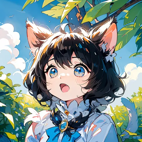 ((Best quality, 8K, Masterpiece: 1.4)),((Amazing detail: 1.3)),((Watercolor illustration: 1.2)),((high resolution: 1.1)),Thick painting style，(Critters)，1 cat，Blue solid background，in style of ghibli，head portrait，Anime avatar，Orange cat，adorable expressio...