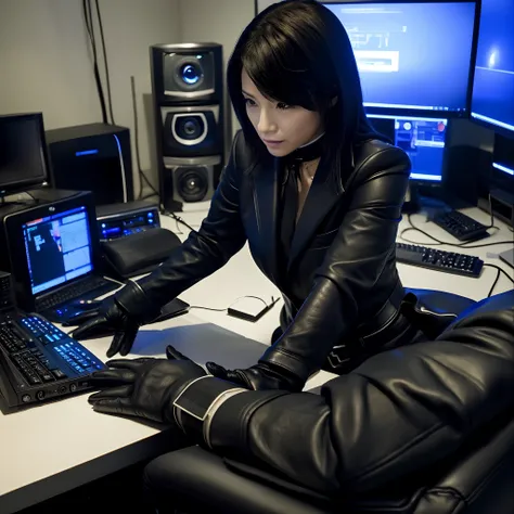 Wearing black leather gloves on both hands, Upper body, Black business suit, Facing the desk in my room with a computer in the dark, Tapping the keys on the computer keyboard with the fingertips of black leather gloves while looking at the screen, Black ha...