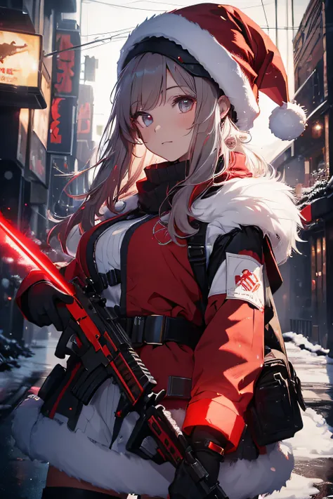 A girl with a Christmas outfit, red hat, red neon laser weapons in her hands, MMORPG style, Call of Duty, HD, highly detailed, Christmas theme, vibrant colors