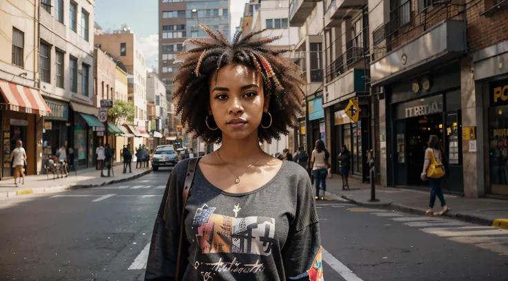 gerar uma imagem de uma jovem afro-brasileira com vibrante, cabelos coloridos. apresente-a em uma camisa branca adornada com est...