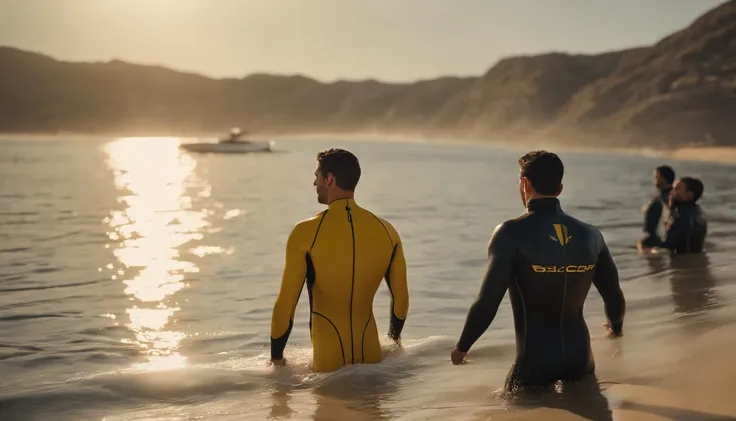 RAW, Masterpiece, Super Fine Photo, Ultra High Resolution, Photorealistic, Sunlight, Full Body Portrait, latino hispanic young man wearing a full body, black and yellow wetsuit, slight manly buldge, black hair with blonde highlights, smiling face, open mou...