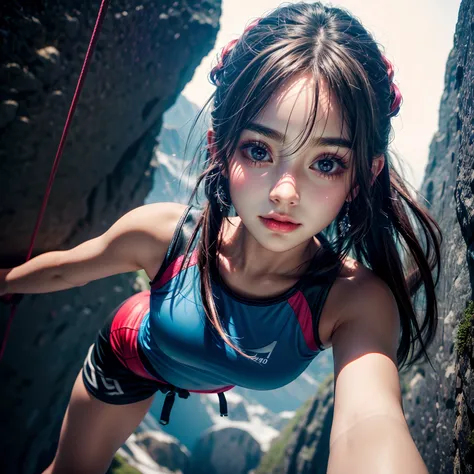 (best quality,ultra-detailed),portraits,climbing girl,Ai mori,sports climbing,top hold,very cute,vivid colors,studio lighting,sharp focus