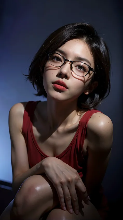 1girl, peito grande, clivagem, Theres a girl with glasses on her face, com cabelos curtos, With eye Glasses, fotografia de alta qualidade, Retrato Lofi, with glasses on, Vibe de cores dos anos 90, with black eyeglasses, Com filtros do Instagram, Asian girl...