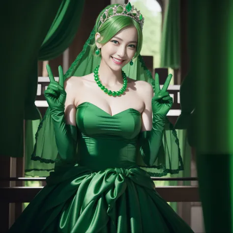 emerald tiara, Green Pearl Necklace, Boyish very short green hair, lipsticks, Japan woman smiling, very short short hair, big breasts beautiful, Green eyes, Long green gloves made of satin material, Green eyes, v sign,V-sign with both hands