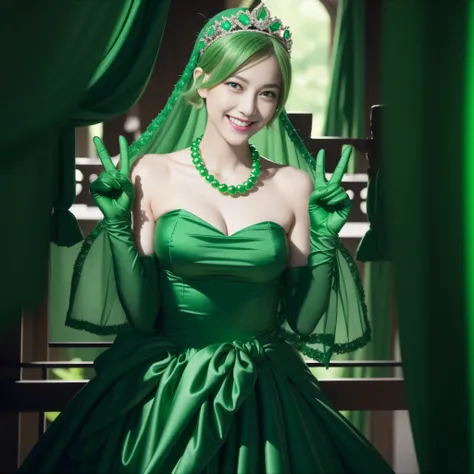 emerald tiara, Green Pearl Necklace, Boyish very short green hair, lipsticks, Japan woman smiling, very short short hair, big breasts beautiful, Green eyes, Long green gloves made of satin material, Green eyes, v sign, V-sign with both hands