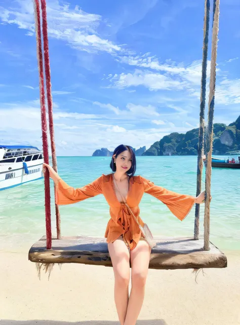 A woman sitting on a swing on a beach with a boat in the background., dilraba dilmurat, Pose on the beach with sea views, wearing two - piece swimsuit, 🤬 🤮 💕 🎀, fanart, sun yunjoo, At a tropical beach, song hye - kyo, Vacation pictures, special, profile pi...