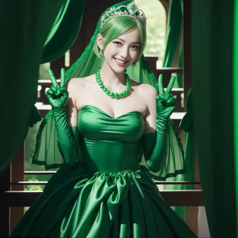 emerald tiara, Green Pearl Necklace, Boyish very short green hair, lipsticks, Japan woman smiling, very short short hair, big breasts beautiful, Green eyes, Long green gloves made of satin material, Green eyes, v sign, Double peace