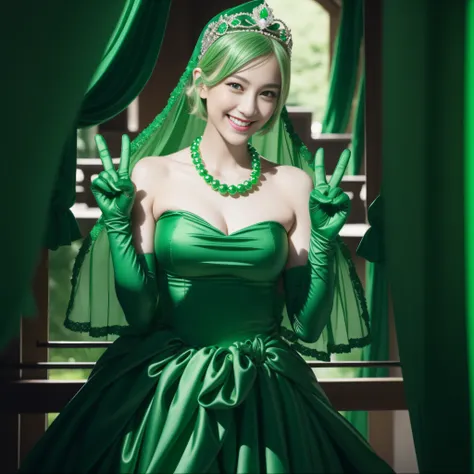 emerald tiara, Green Pearl Necklace, Boyish very short green hair, lipsticks, Japan woman smiling, very short short hair, big breasts beautiful, Green eyes, Long green gloves made of satin material, Green eyes, v sign, Double peace