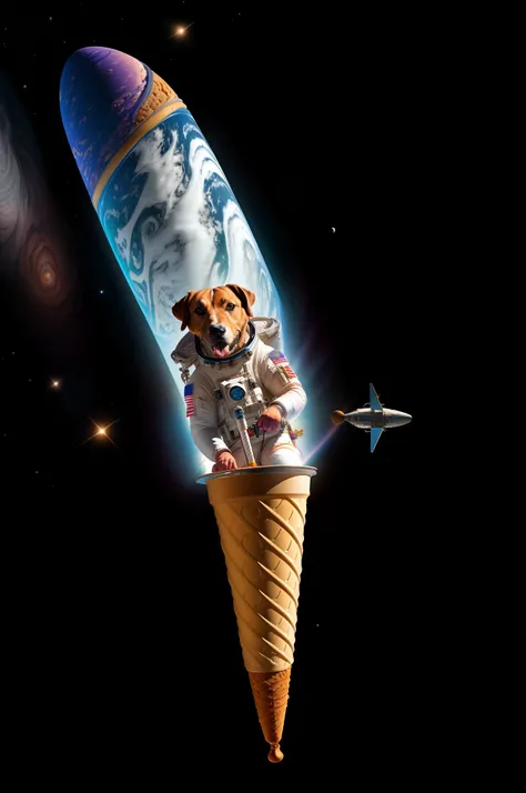 Psychedelic rendition of a rodesian ridgeback and a full astronaut soup, floating in space, eating the ice cream cone.