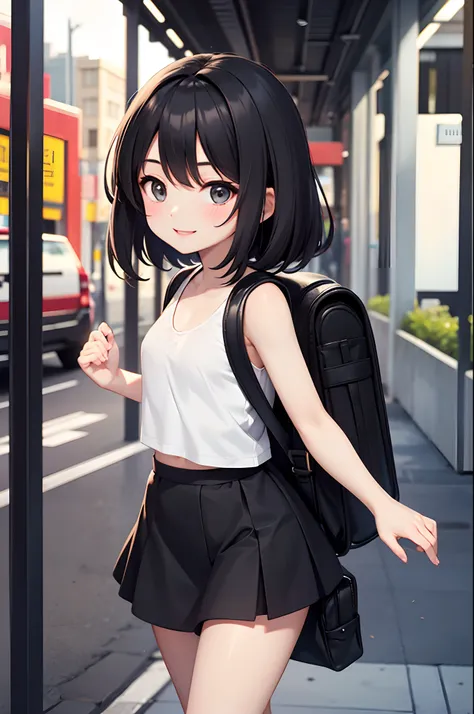 cute gurl, black hair, white tank top, black skirt, black hair, standing in city, backpack, hourglass figure, smiling, confident