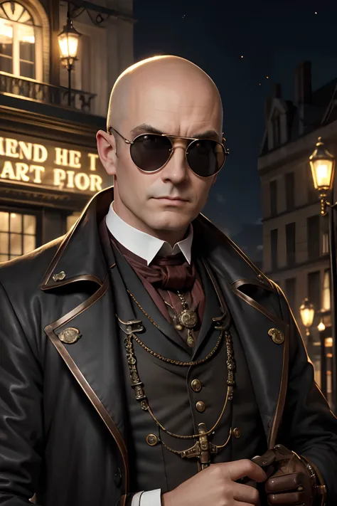 Dr. Steele in Victorian costume, bald head, shaved face, round sunglasses, welding glasses. and face, steampunk, London, night, Victorian era.