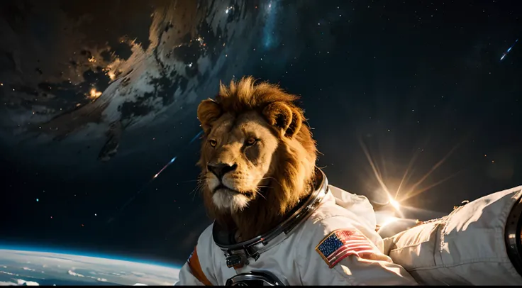 Make an astronaut lion drift in space