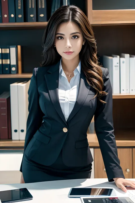 8k, highest quality, ultra details, hispanic girl, business attire, office setting, leadership, professionalism, char_amelia