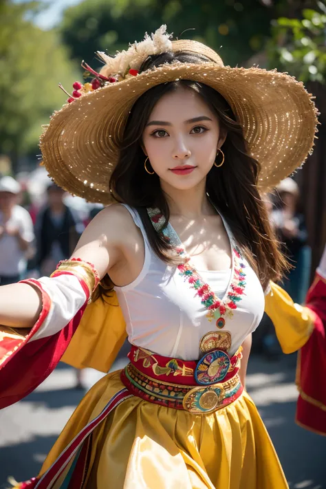 8k, highest quality, ultra details, hispanic girl, traditional folk dance costume, festive parade, cultural heritage, community.