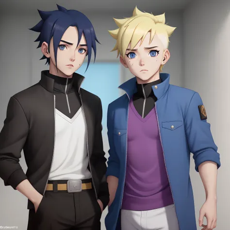 Crie um personagem masculino de boruto  adolescente  de 13 anos com cabelo preto  e roupa preta e azul com os olhos  pretos  , com uma catana