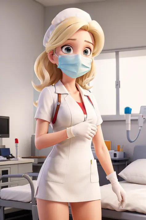 masterpiece, best quality, blonde Female nurse with a surgical mask putting on gloves at hospital, white nurse outfit