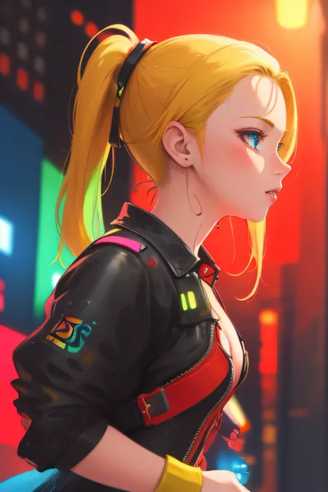 masterpiece, highest quality, realistic, subsurface scattering, chromatic lighting, colourful, red + yellow + green + blue limited colour palette, detailed conceptual drawing, line art, illustration, cyberpunk,
42 years old 1girl, small breasts, blonde, Ou...