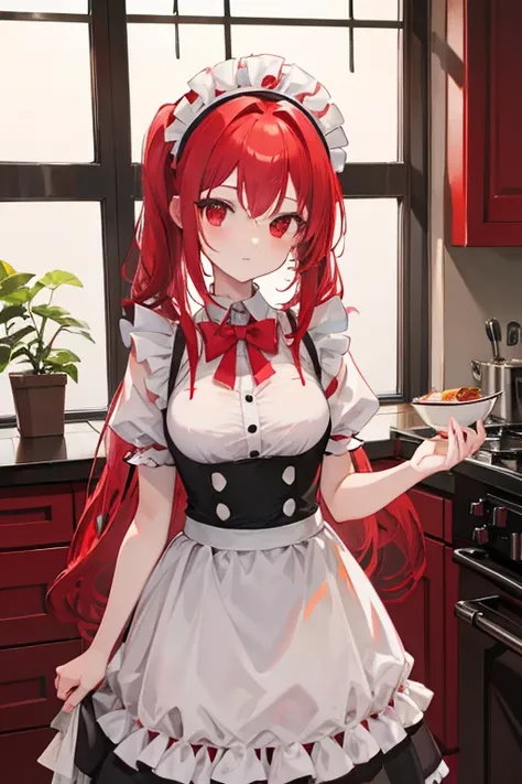 A red  haired maid with red eyes is standing in a kitchen