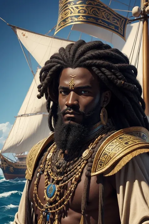 Create an AI masterpiece that captures the spirit of the ancient big black African man Carthaginian naval fleet, focusing on the intricate design of their ships and naval battles