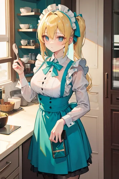 A blonde haired maid with teal eyes is standing in a kitchen