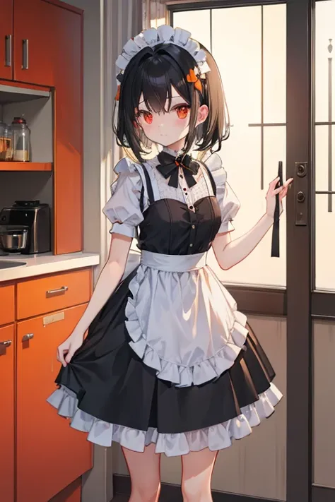 A petite black haired maid with orange eyes is standing in a kitchen