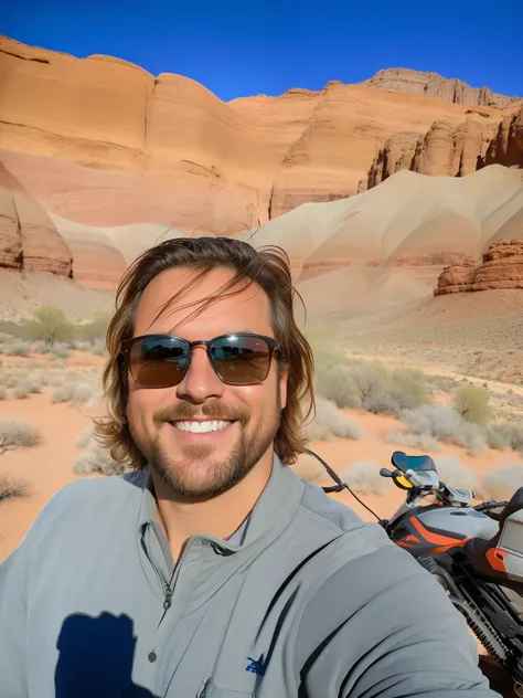 Foto realista inspirada na Disney Pixar, Man in sunglasses taking a selfie in front of a mountain, standing next to desert oasis, Fotografia tirada em 2 0 2 0, taken in the early 2020s, com montanhas no fundo, at the top of a red rock canyon, com montanhas...