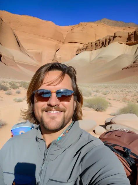 Foto realista inspirada na Disney Pixar, Man in sunglasses taking a selfie in front of a mountain, standing next to desert oasis, Fotografia tirada em 2 0 2 0, taken in the early 2020s, com montanhas no fundo, at the top of a red rock canyon, com montanhas...